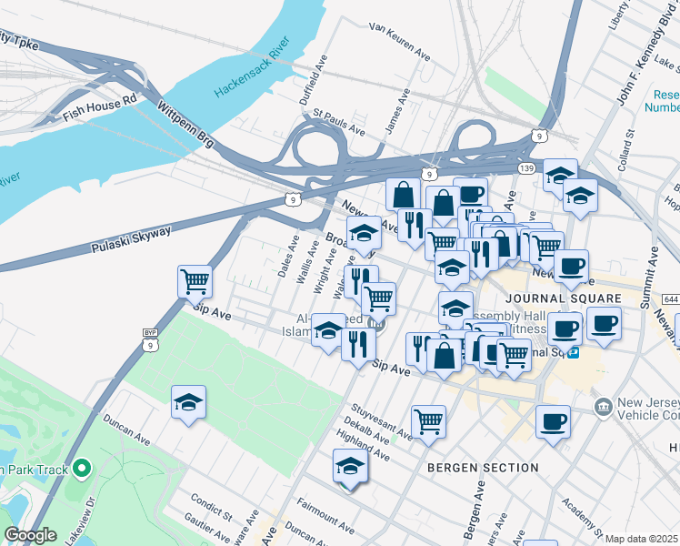 map of restaurants, bars, coffee shops, grocery stores, and more near 70 Wales Avenue in Jersey City
