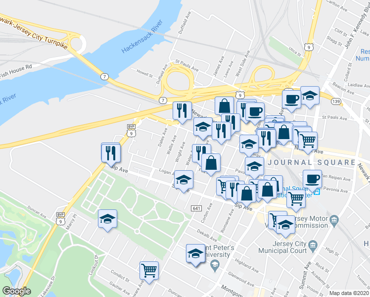 map of restaurants, bars, coffee shops, grocery stores, and more near 49 Wright Avenue in Jersey City