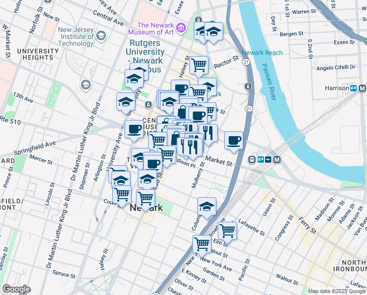 map of restaurants, bars, coffee shops, grocery stores, and more near 111 Mulberry Street in Newark