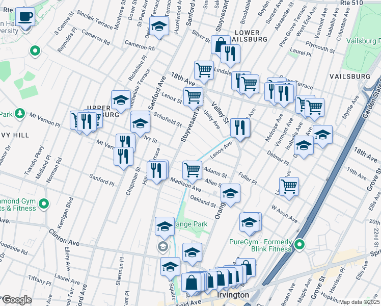 map of restaurants, bars, coffee shops, grocery stores, and more near 17 Crescent Court in Newark