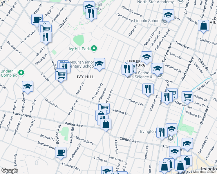 map of restaurants, bars, coffee shops, grocery stores, and more near 158 Midland Place in Newark