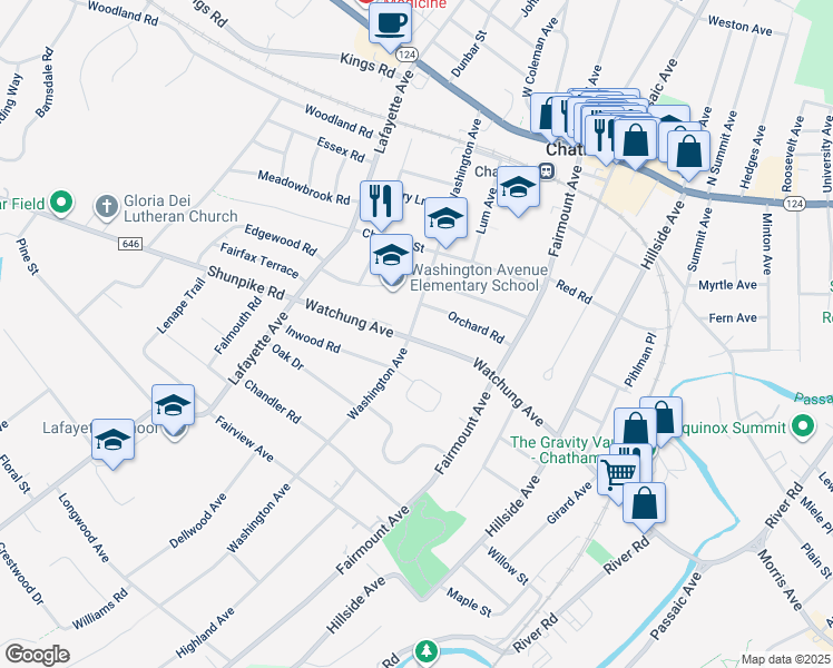 map of restaurants, bars, coffee shops, grocery stores, and more near 152 Watchung Avenue in Chatham