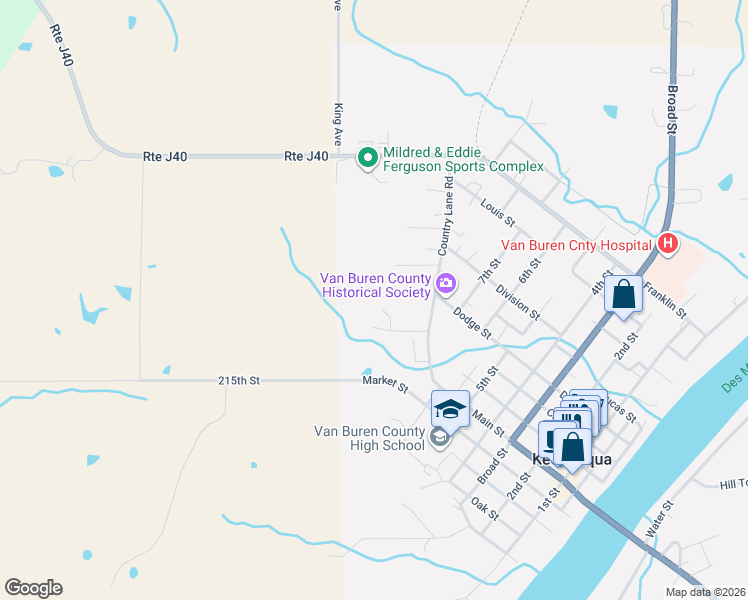 map of restaurants, bars, coffee shops, grocery stores, and more near 916 Country Lane Drive in Keosauqua
