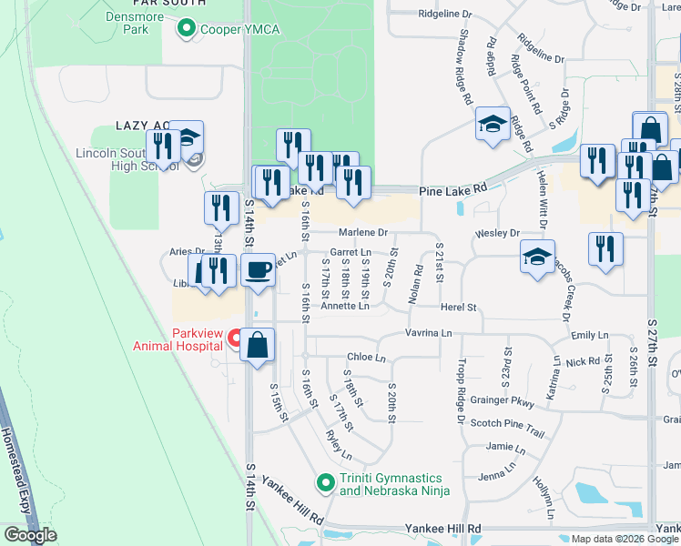 map of restaurants, bars, coffee shops, grocery stores, and more near 7330 South 17th Street in Lincoln