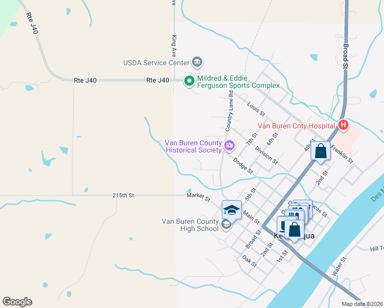 map of restaurants, bars, coffee shops, grocery stores, and more near 916 Country Lane Drive in Keosauqua