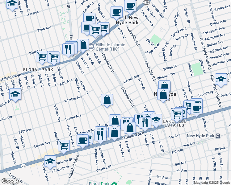 map of restaurants, bars, coffee shops, grocery stores, and more near 571 N 3rd St in New Hyde Park