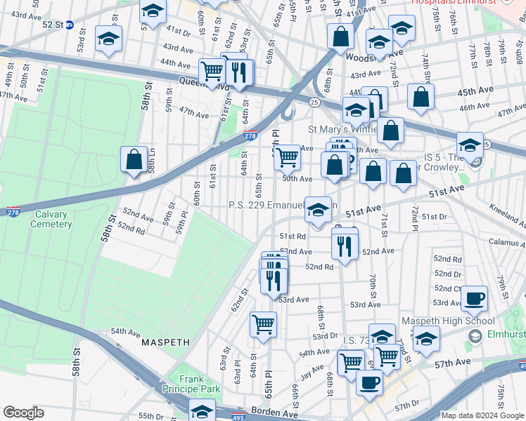 map of restaurants, bars, coffee shops, grocery stores, and more near 51-01 65th Street in Queens