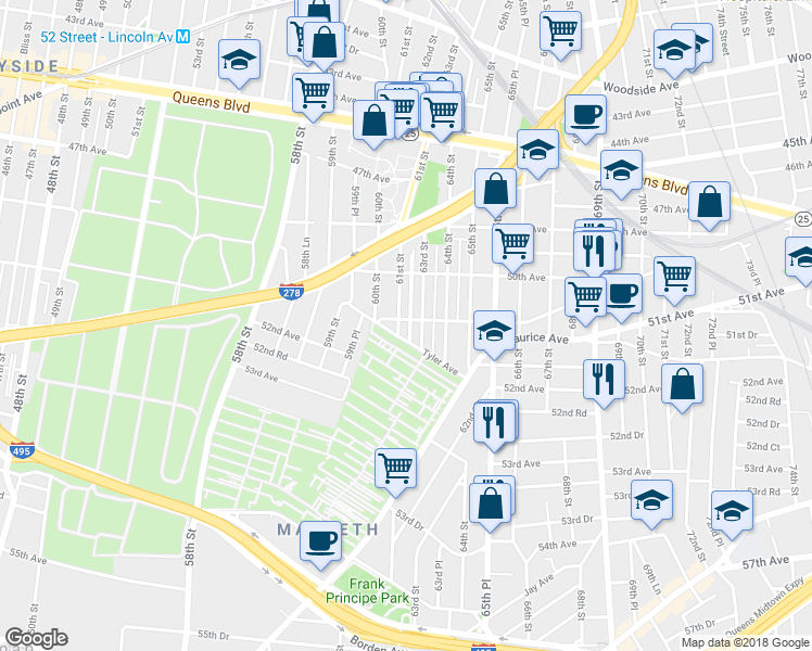 map of restaurants, bars, coffee shops, grocery stores, and more near 51-03 61st Street in Queens