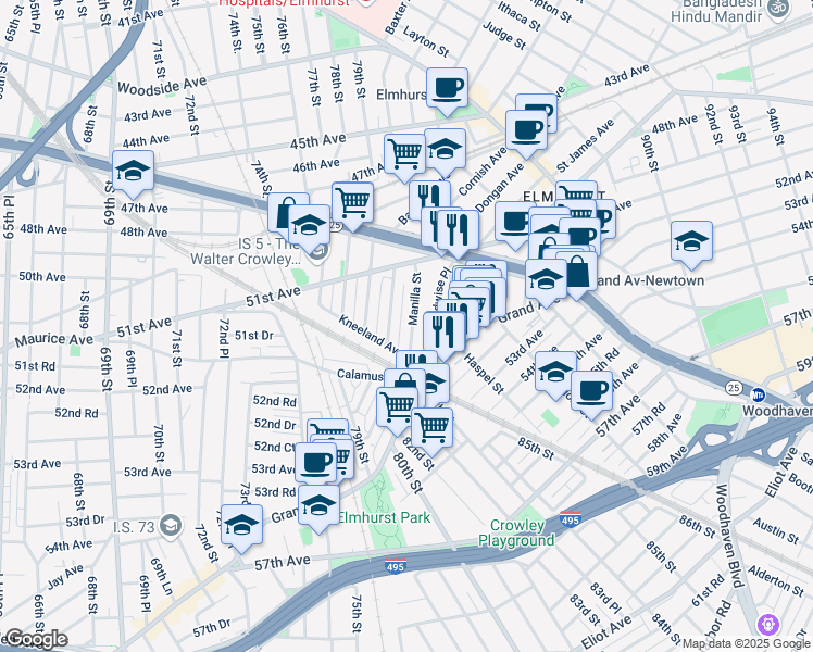map of restaurants, bars, coffee shops, grocery stores, and more near 51-68 Manilla Street in Queens