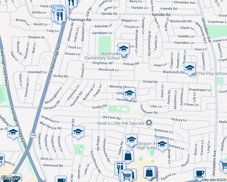 map of restaurants, bars, coffee shops, grocery stores, and more near 31 Hollyhock Road in Levittown