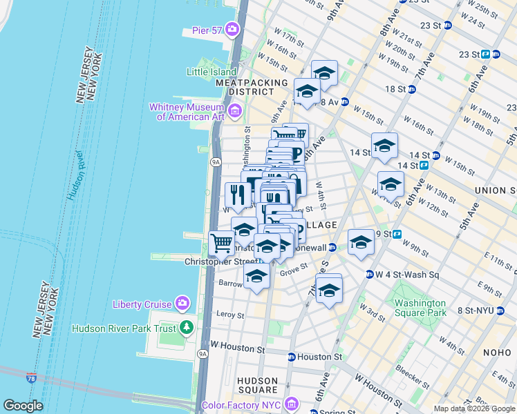 map of restaurants, bars, coffee shops, grocery stores, and more near 316 West 11th Street in New York