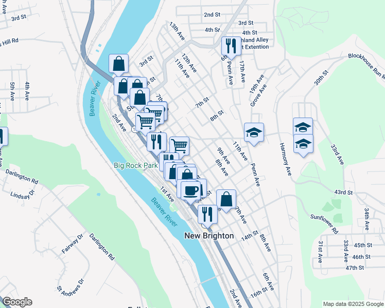 map of restaurants, bars, coffee shops, grocery stores, and more near 605 9th Street in New Brighton