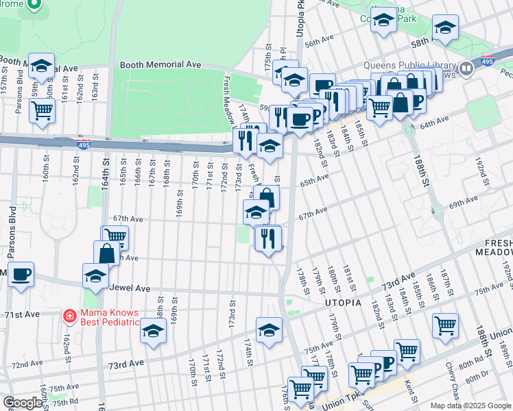 map of restaurants, bars, coffee shops, grocery stores, and more near 65-29 174th Street in Queens