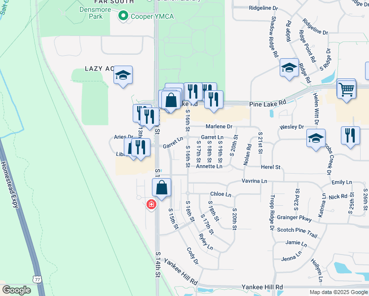 map of restaurants, bars, coffee shops, grocery stores, and more near 7333 South 16th Street in Lincoln