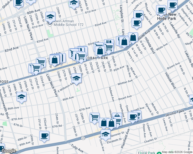 map of restaurants, bars, coffee shops, grocery stores, and more near 85-25 262nd Street in Queens