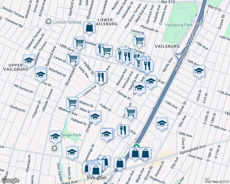 map of restaurants, bars, coffee shops, grocery stores, and more near 123 Delmar Place in Irvington