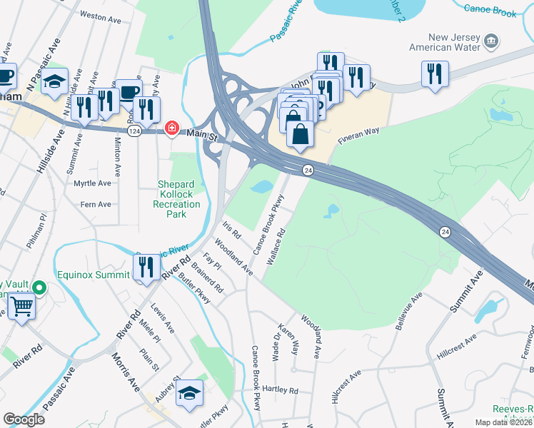 map of restaurants, bars, coffee shops, grocery stores, and more near 39 Canoe Brook Parkway in Summit