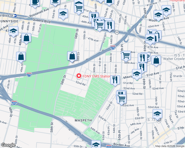 map of restaurants, bars, coffee shops, grocery stores, and more near 51-03 59th Place in Queens