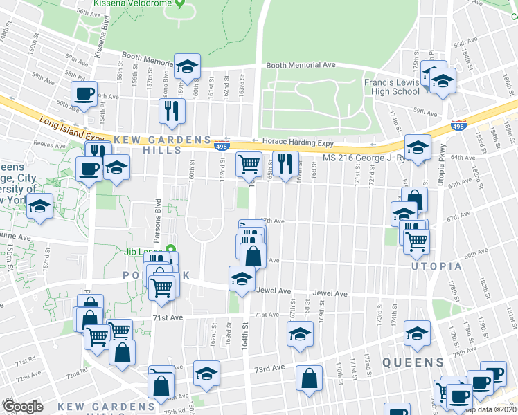 map of restaurants, bars, coffee shops, grocery stores, and more near 65-41 164th Street in Queens