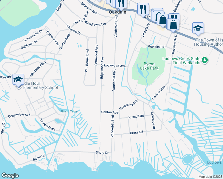 map of restaurants, bars, coffee shops, grocery stores, and more near 218 Vanderbilt Boulevard in Oakdale