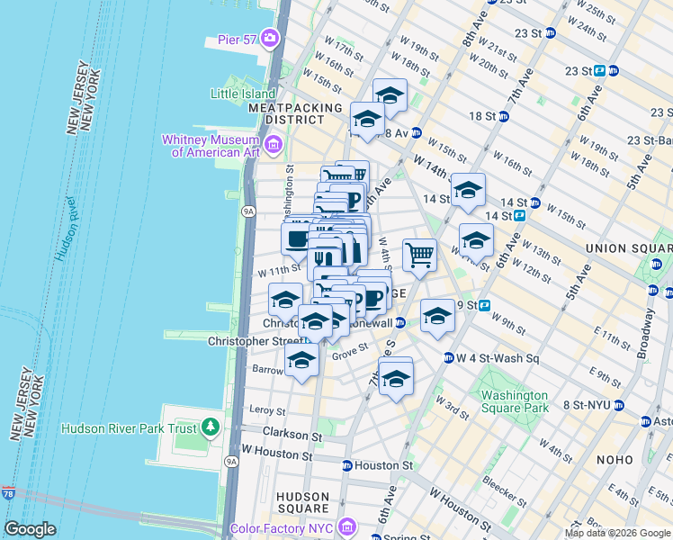 map of restaurants, bars, coffee shops, grocery stores, and more near 100 Perry Street in New York