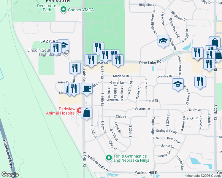 map of restaurants, bars, coffee shops, grocery stores, and more near 7330 South 17th Street in Lincoln