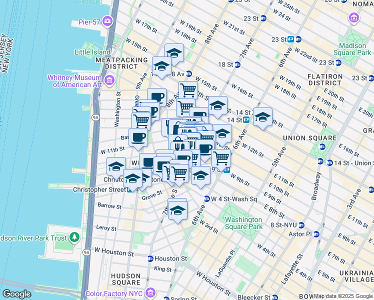 map of restaurants, bars, coffee shops, grocery stores, and more near 28 Perry Street in New York
