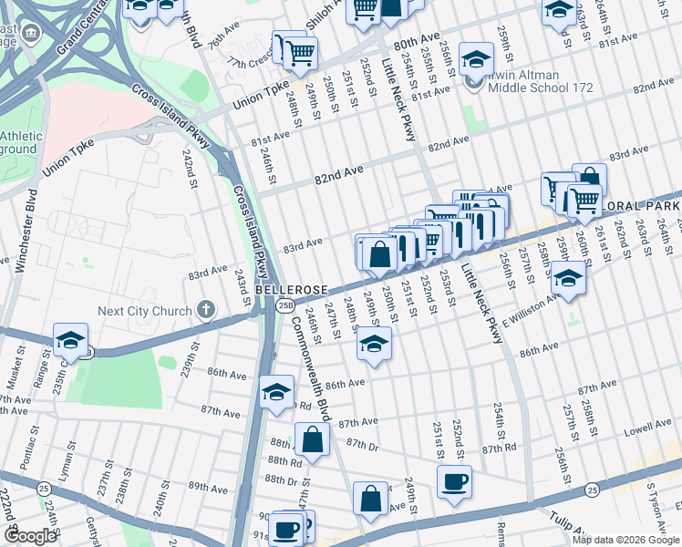 map of restaurants, bars, coffee shops, grocery stores, and more near 83-47 248th Street in Queens