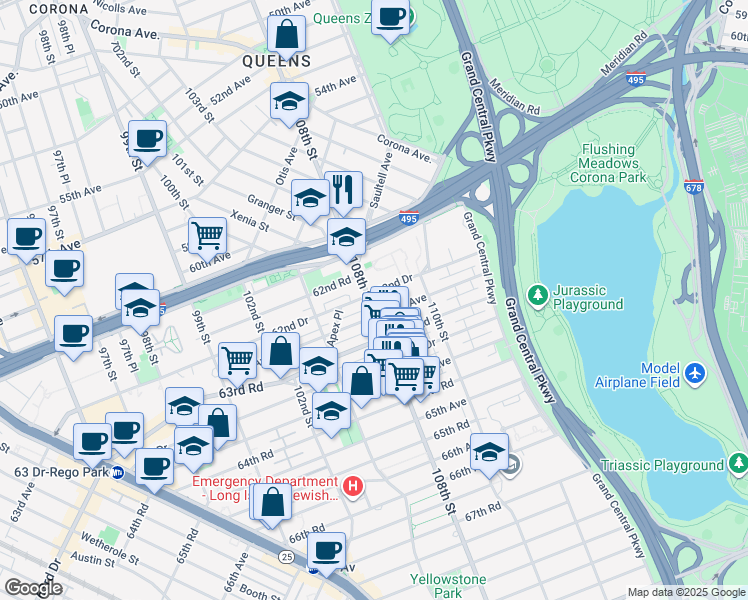 map of restaurants, bars, coffee shops, grocery stores, and more near in Queens