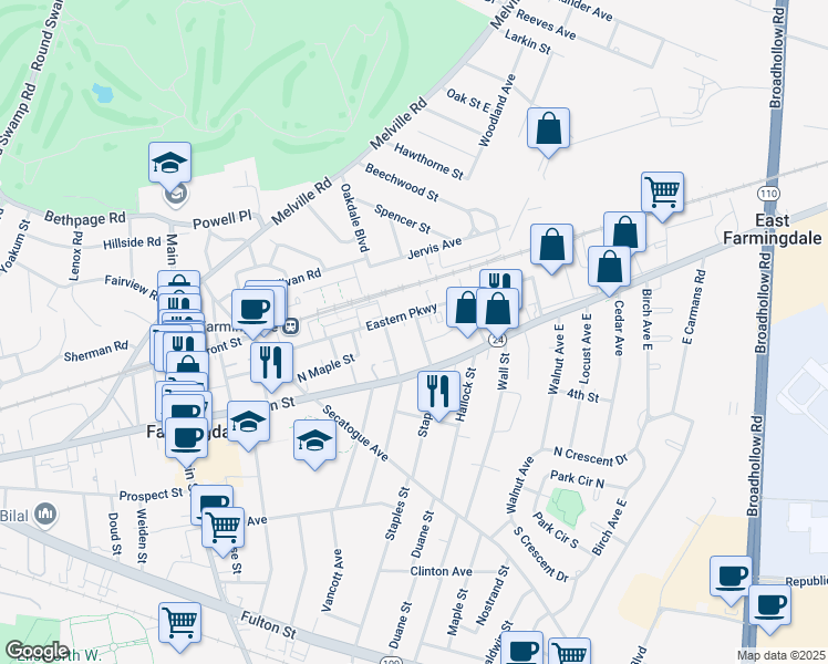 map of restaurants, bars, coffee shops, grocery stores, and more near 46 Prospect Place in Farmingdale