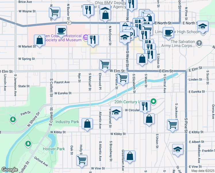 map of restaurants, bars, coffee shops, grocery stores, and more near 412 S Mcdonel St in Lima
