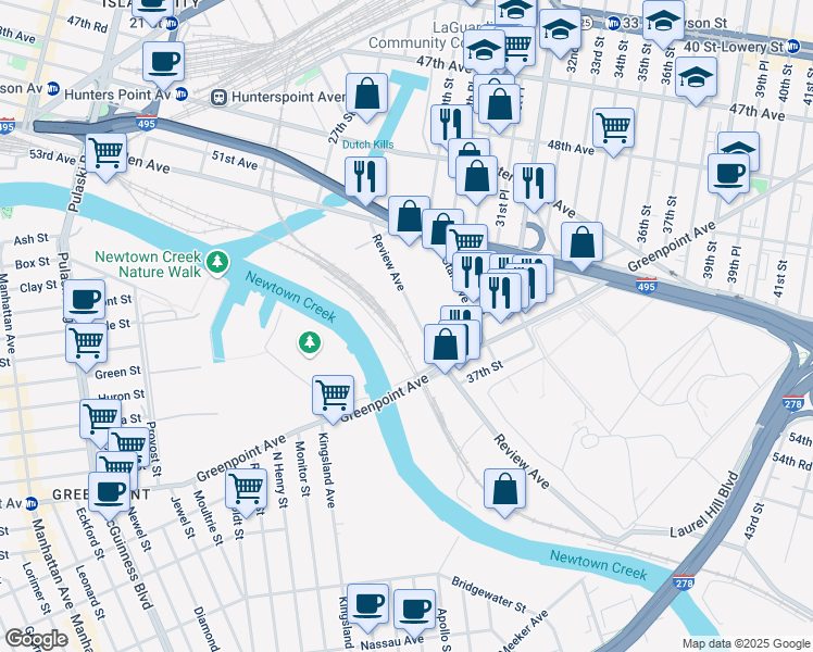 map of restaurants, bars, coffee shops, grocery stores, and more near 30-54 Review Avenue in Queens