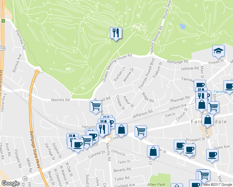 map of restaurants, bars, coffee shops, grocery stores, and more near 29 Hill Road in Farmingdale