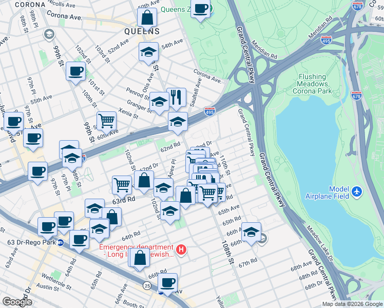 map of restaurants, bars, coffee shops, grocery stores, and more near in Queens