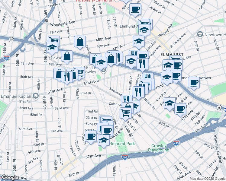 map of restaurants, bars, coffee shops, grocery stores, and more near 76-26 Kneeland Avenue in Queens