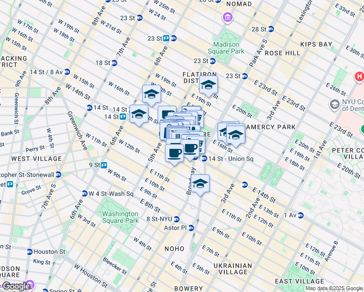 map of restaurants, bars, coffee shops, grocery stores, and more near 51 East 14th Street in New York