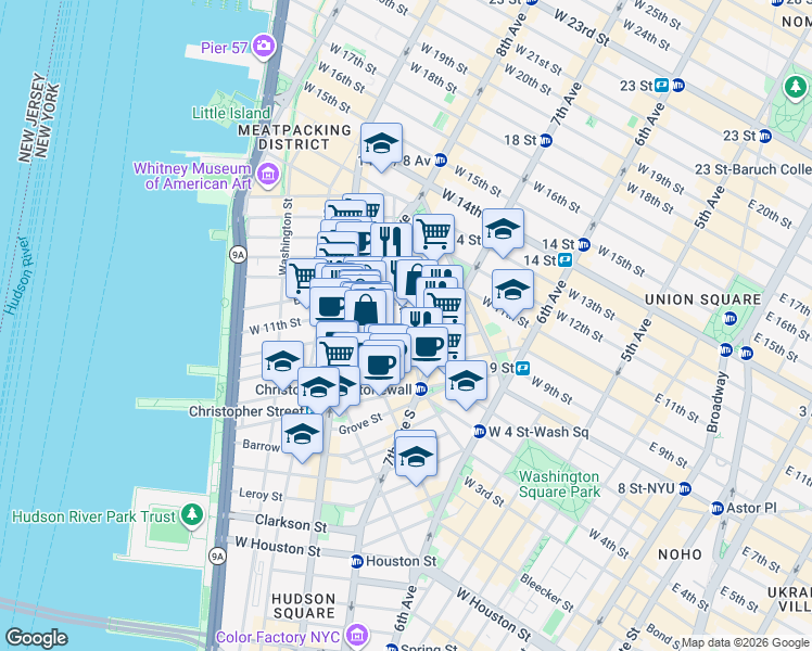 map of restaurants, bars, coffee shops, grocery stores, and more near West 4th Street & Perry Street in New York