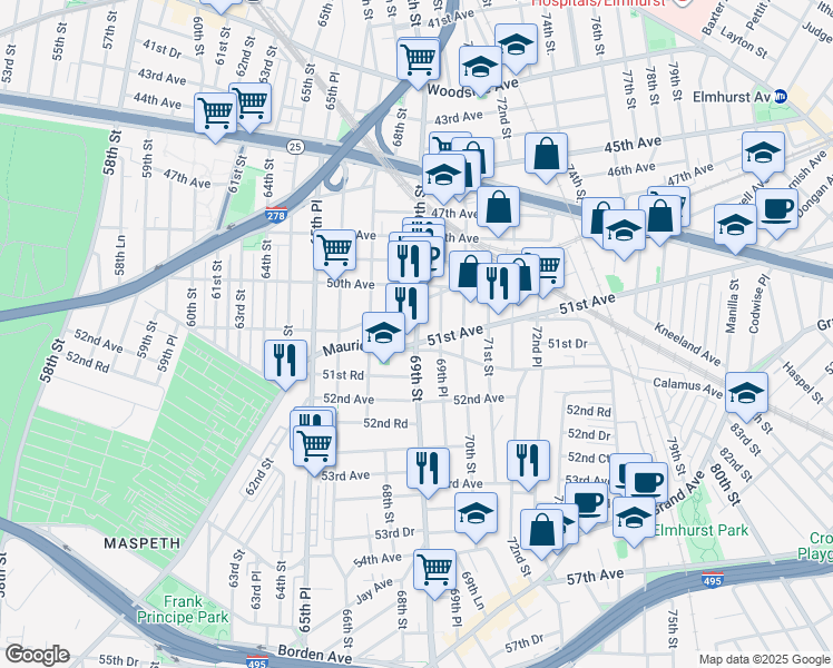 map of restaurants, bars, coffee shops, grocery stores, and more near 50-54 69th Street in Woodside