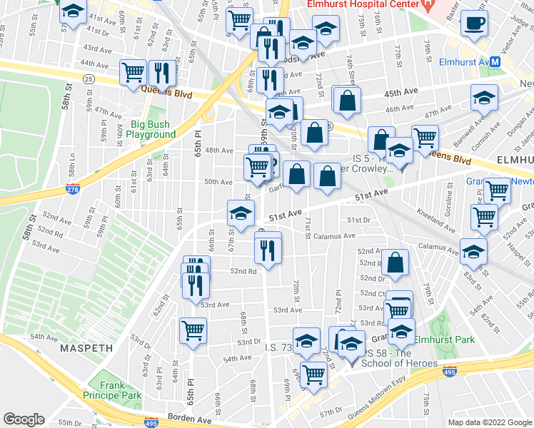 map of restaurants, bars, coffee shops, grocery stores, and more near 50-47 69th Street in Queens