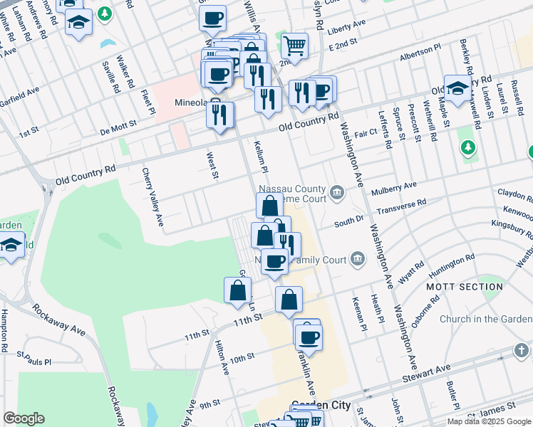 map of restaurants, bars, coffee shops, grocery stores, and more near 1399 Franklin Avenue in Garden City