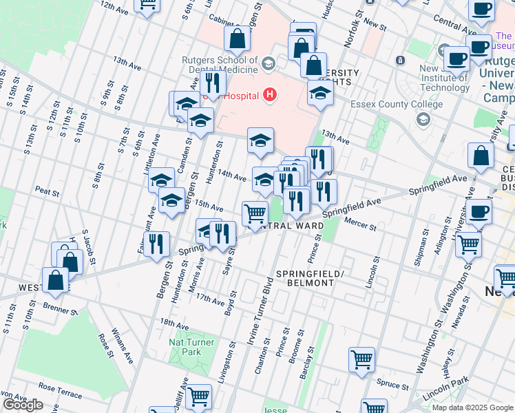 map of restaurants, bars, coffee shops, grocery stores, and more near 36 Bedford Street in Newark