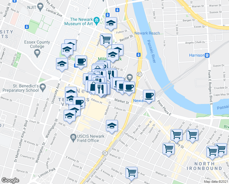 map of restaurants, bars, coffee shops, grocery stores, and more near 103 Mulberry Street in Newark