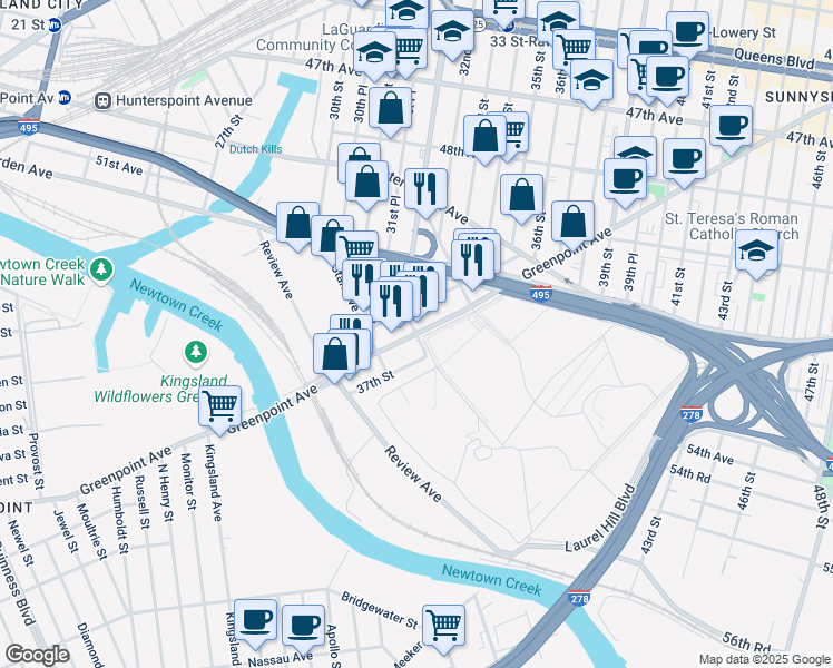 map of restaurants, bars, coffee shops, grocery stores, and more near Greenpoint Ave & Bradley Ave in Queens