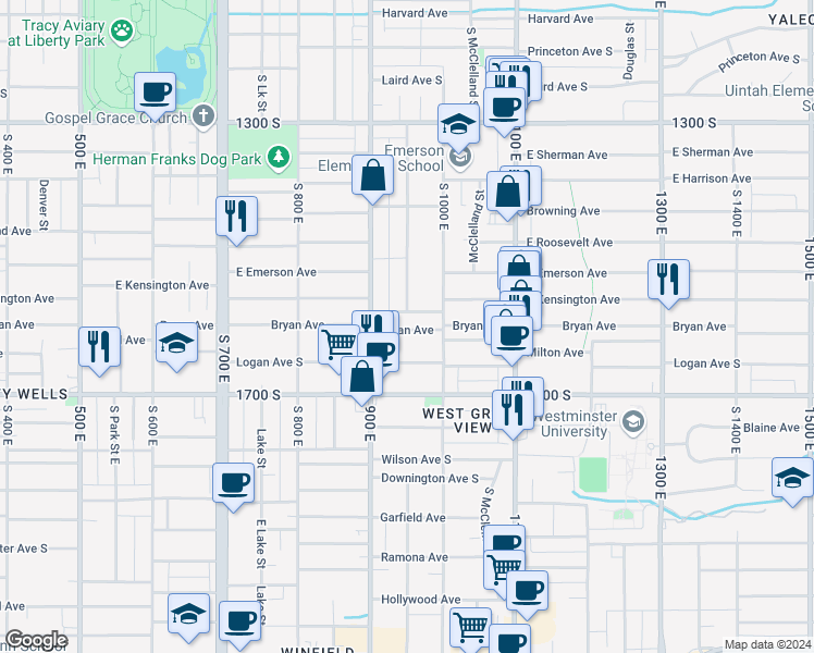 map of restaurants, bars, coffee shops, grocery stores, and more near 945 1560 South in Salt Lake City