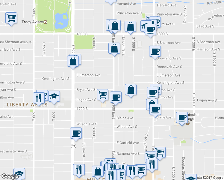 map of restaurants, bars, coffee shops, grocery stores, and more near 896 Bryan Avenue South in Salt Lake City