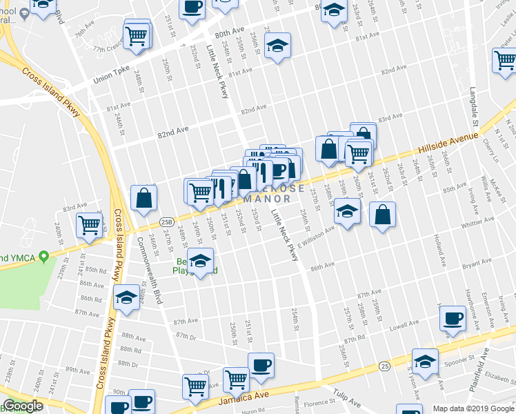 map of restaurants, bars, coffee shops, grocery stores, and more near 84-11 253rd Street in Queens