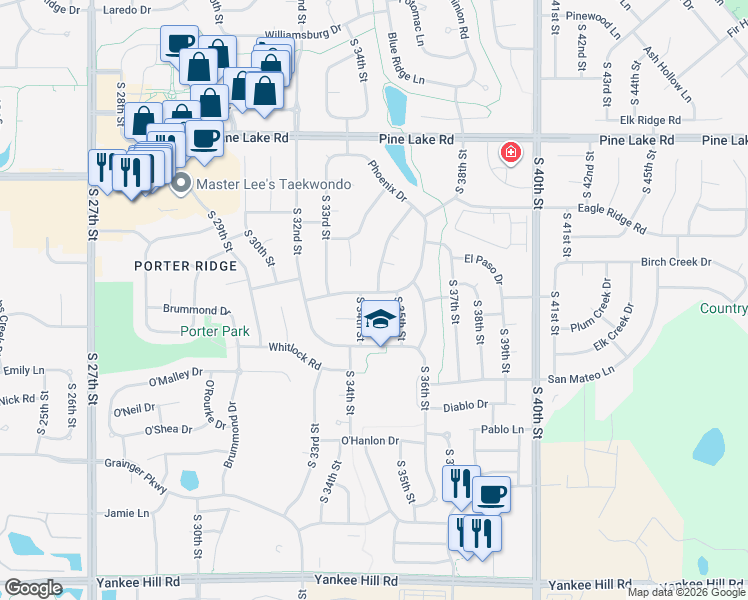 map of restaurants, bars, coffee shops, grocery stores, and more near 3411 Canyon Road in Lincoln