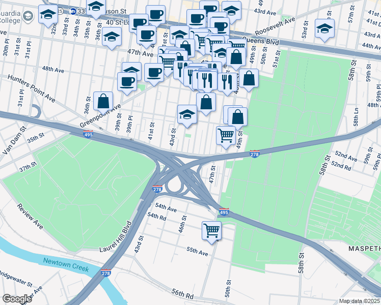 map of restaurants, bars, coffee shops, grocery stores, and more near 50-72 45th Street in Queens