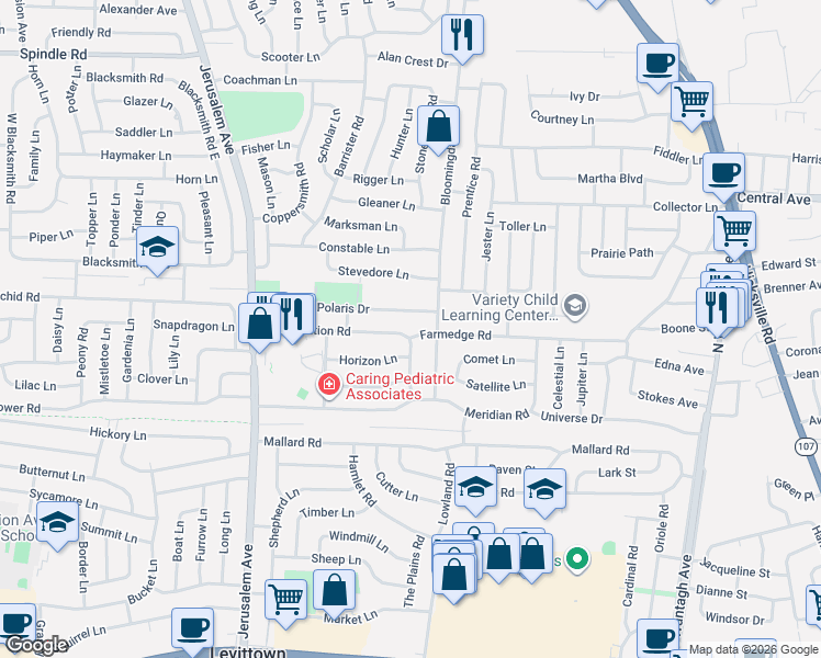 map of restaurants, bars, coffee shops, grocery stores, and more near 160 Farmedge Road in Levittown