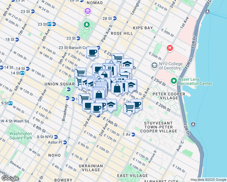 map of restaurants, bars, coffee shops, grocery stores, and more near 211 East 18th Street in New York